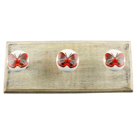 Dark Red Butterfly Ceramic Wooden Hook